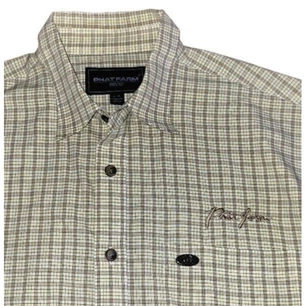 Phat Farm NYC Men's Large Beige White Plaid Short Sleeve Button Up Metal Logo